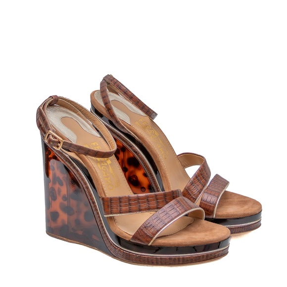 Salvatore Ferragamo Croc-Embossed Wedge Sandals – Tortoiseshell Lucite Platform - Picture 5 of 11